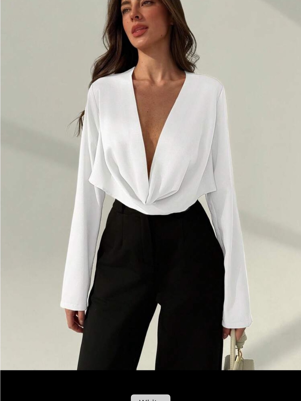 SHEIN White Draped Plunge V-Neck Long Sleeve Blouse
